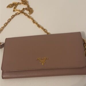 Prada Women's Beige Leather Crossbody Bag with Gold Chain